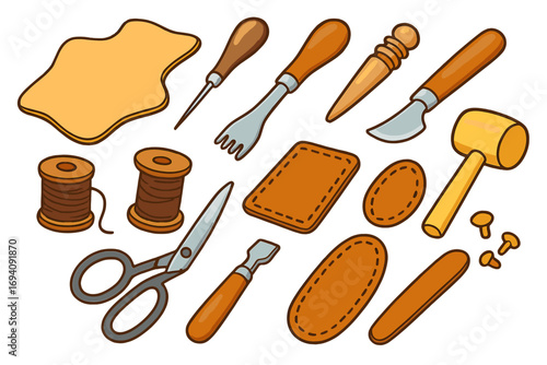 Leather crafting tools and materials set for handmade DIY projects. Vector illustration collection of leatherwork equipment for creative workshop or hobby. Shoemaker items.