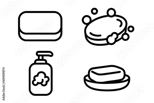Soap line icon set. Bar of soap with bubbles, liquid soap in a dispenser, soap on a dish. Hygiene, washing, bathroom toiletries concept. Simple vector illustration.