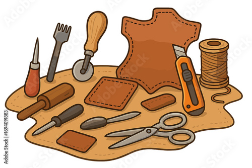 Leather crafting tools and materials for creative workshop. Handmade leatherwork hobby concept. DIY saddlery equipment set for artisan or shoemaker. Vector illustration.