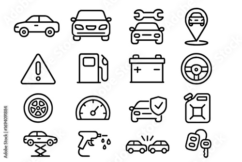 Car service icon set. Automotive repair, maintenance and transport thin line icons. Editable stroke vector symbols for driving, safety, fuel, accident, insurance and car wash.