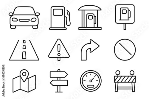 Car and road travel line icon set. Gas station, map navigation, traffic signs, warning, and roadblock symbols. Vector outline pictogram for web, app, and UI design.