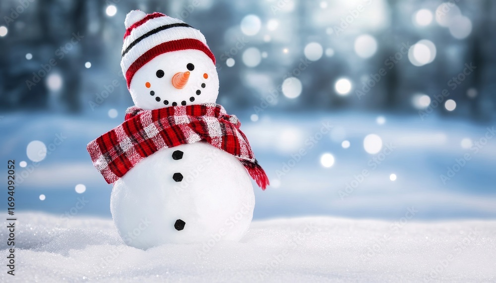 Fototapeta premium Charming Snowman Surrounded by Glowing Christmas Lights in a Magical Winter Wonderland Scene