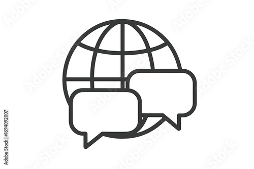 Global communication concept icon. International language translation, worldwide chat logo. Speech bubbles on globe line art. World dialogue, social network connection vector.