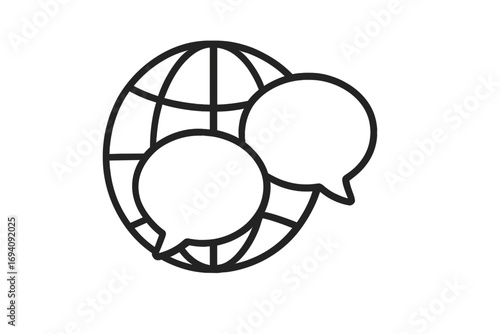 Global communication concept with speech bubbles over a wireframe globe. International business dialogue, world language translation, social network chat. Line art icon vector.