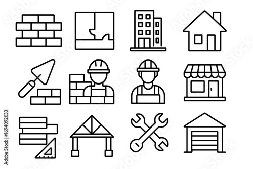 Construction building line icon set. Real estate architecture symbols. Vector house repair worker tools. Home renovation floor plan brick wall garage industry illustration.