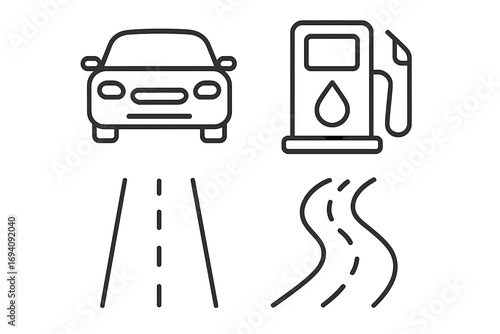 Car and gas station line icon set. Automotive, travel and transport concepts. Outline vector signs for road trip, fuel pump, highway and driving direction symbols.