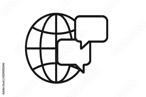 Globe and speech bubbles line icon. Global communication, international chat, world language, translation concept. Social media, network, forum, discussion vector illustration.