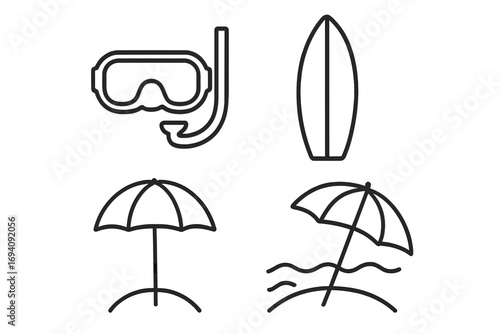 Beach life icon set. Summer vacation line icons collection. Diving mask, surfboard, sun umbrella, sea waves outline symbols for graphic design. Travel and leisure vector pack.