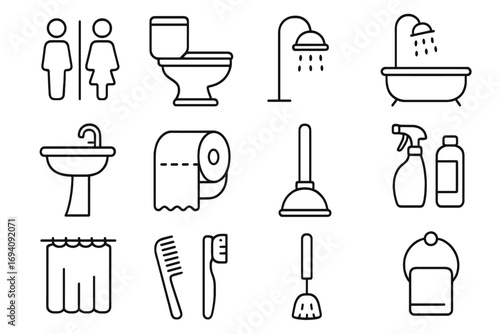 Bathroom and toilet line icon set. Collection of hygiene and cleaning pictograms. Restroom, washroom, shower, sink, and toilet paper symbols for web and graphic design.