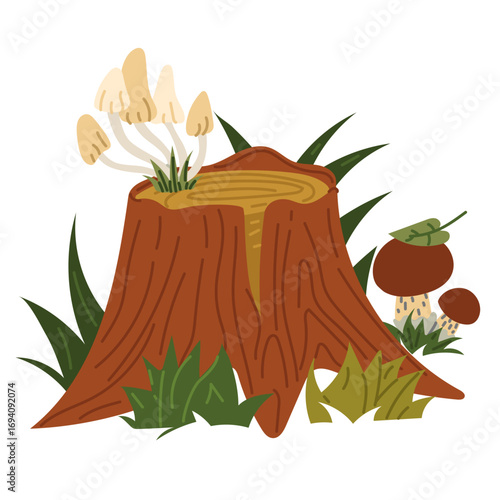 stump is covered with mushrooms in grass. Flat color isolated illustration. Forest object. A felled tree is covered with mushrooms. Design for postcards. Picnic, hiking , picking mushrooms in forest