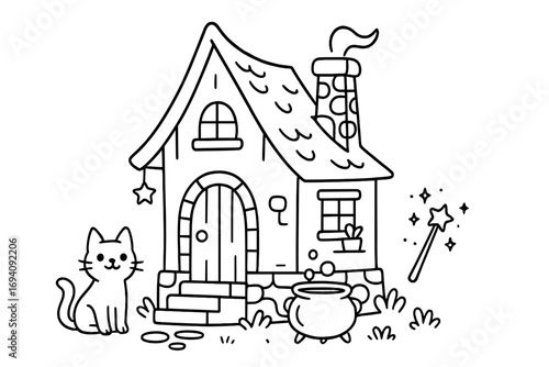 Cute witch house vector line art collection. Halloween coloring page with a magic cat, bubbling cauldron, and sparkling wand. Spooky fairy tale cottage illustration for kids.