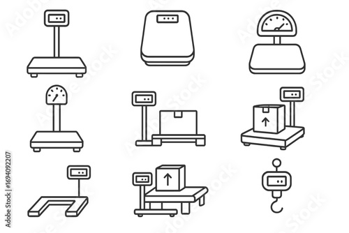 Industrial scales line icon set. Collection of weighing, floor, and pallet scale pictograms. Vector symbols for logistics, shipping, warehouse, and weight measurement.