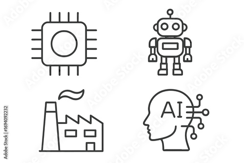 Technology thin line icon set. Chip, robot, factory, artificial intelligence outline signs. Vector icons for graphic and web design. AI brain, industry, CPU, robotics concepts.