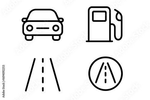 Automobile and travel line icon collection. Car, gas pump, and road outline symbols. Vector signs for transport, driving, fuel, and highway concepts for web and app design.