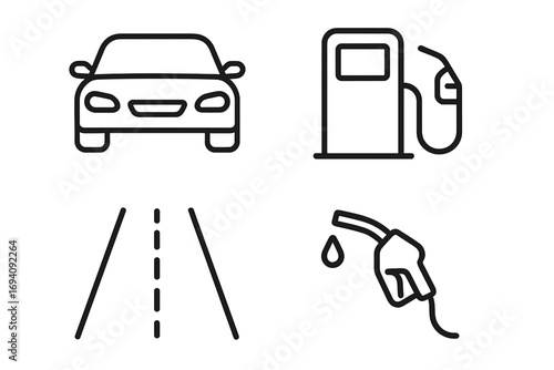 Car and fuel line icon set. Vector symbols for transport and travel. Outline graphic signs of auto, gas station, petrol pump, road, highway for web, app and design. Refuel concept.