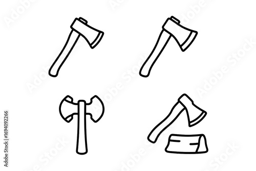 Axe line icon set vector collection. Minimalist pictogram of hatchet, tomahawk, double axe. Woodcutting tool for lumberjack. Simple outline illustration for web design, apps.