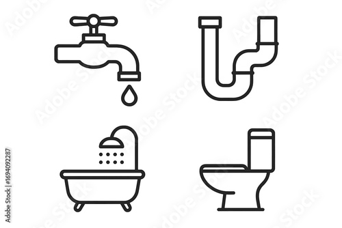Plumbing and bathroom line icon set. Vector collection of simple pictograms. Faucet, water drop, pipe, toilet, bathtub and shower symbols for web, apps and graphic design.