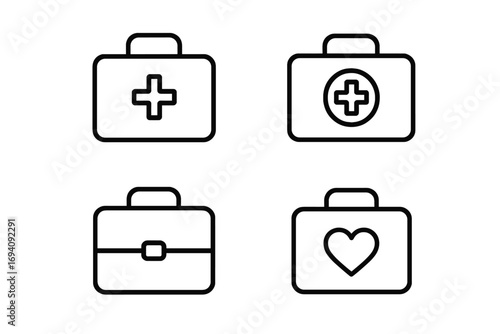 Medical first aid kit line icon set. Simple doctor bag, emergency suitcase with cross and heart symbol. Health care graphic collection. Vector outline illustration isolated.