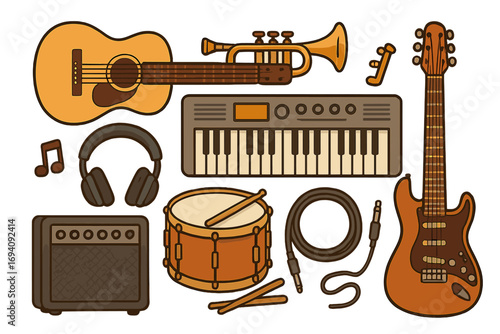 Musical instruments and equipment collection for artistic and educational use. Vector cartoon icons set with guitar, drum, keyboard, trumpet, amp. Flat lay design music concept.
