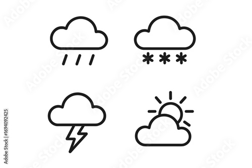 Weather forecast line icon set. Minimalist outline pictograms for web and app design. Rain, snow, thunderstorm, sun and cloud symbols. Meteorology signs collection.