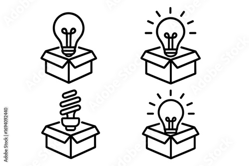 Light bulb in a box icon set. Thinking outside the box metaphor. Vector line icons for creativity, innovation, new ideas, startup, solution, brainstorming, and energy concepts.