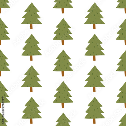 Pattern of triangular pyramids of Christmas trees, bright green. Trees in the forest. Flat colored seamless texture. Natural forest motifs. Design for picnic, camping, and forest walks