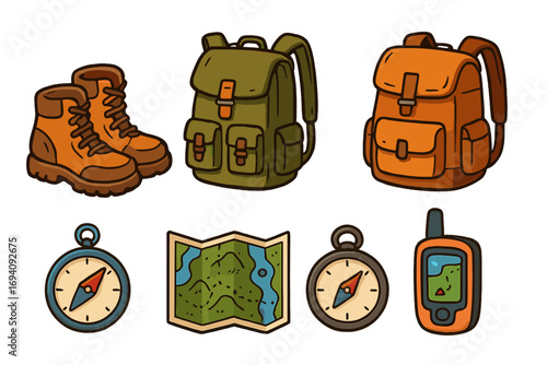 Outdoor adventure and hiking gear set. Camping equipment collection with boots, backpack, map, compass, and GPS. Exploration and travel icons for trekking tourism. Vector.