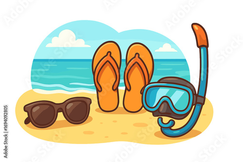 Summer vacation essentials on a sandy beach. Snorkeling gear with mask and snorkel, flip-flops, and sunglasses by the sea. Relaxing holiday concept. Vector cartoon illustration.