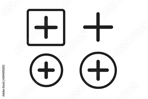 Plus or add line icon set for web and app interface design. Create new item, more options symbol. Vector graphic button elements with editable stroke. Perfect for UI, UX kit.
