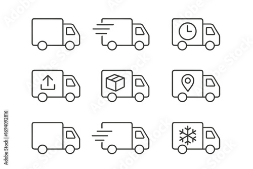 Delivery truck line icon set for logistics and shipping. Vector collection of transport symbols like fast express delivery, package tracking, refrigerated van, editable stroke icons.