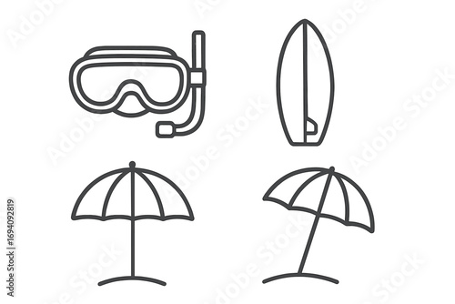 Summer vacation and beach life line icon set. Diving mask, surfboard, sun umbrella outline icons. Vector symbols for travel, water sports, graphic and web design.