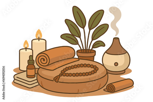 Relaxing wellness setup for mindfulness and self-care. Cozy atmosphere with essential items for meditation, yoga, spa. Aromatherapy diffuser, candles, and essential oil.