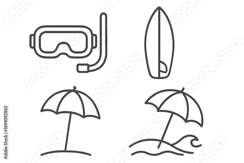 Summer beach line icon bundle. Diving mask, surfboard, sun umbrella. Outline pictograms for travel, vacation, and water sports. Simple vector signs for web design, mobile apps.