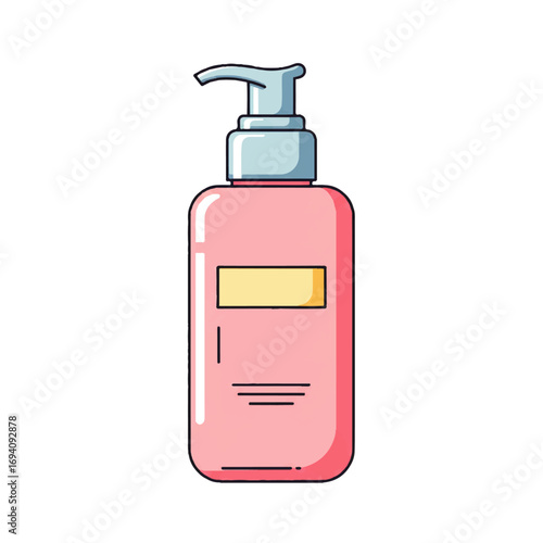 Illustration of a pink rectangular bottle with a pump dispenser, likely containing lotion, soap, or other cosmetic product.