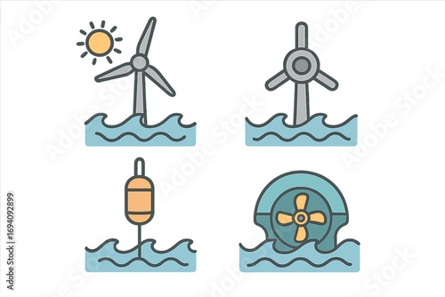 Set of marine renewable energy icons. Vector illustration of offshore wind, wave power, and tidal stream turbine technologies. Sustainable ocean energy and clean power generation.