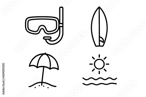 Summer beach vacation thin line icon set. Diving mask, surfboard, beach umbrella, sun, sea wave outline symbols. Vector graphic for travel, holiday and water sports design.