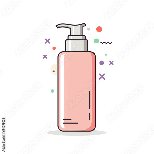 A pink bottle with a pump dispenser is presented against a white background with colorful abstract shapes.