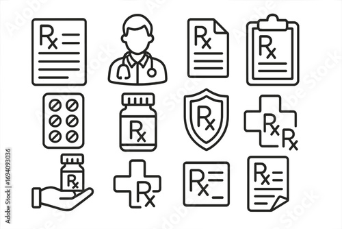 Medical prescription line icon set. Doctor, pharmacy, Rx symbol. Medicine, pills, drug store, healthcare concept. Editable stroke vector for web, app. Health insurance.