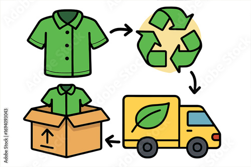 Circular economy for fashion. Shirt recycling process with icons. Sustainable apparel logistics, reuse, and green delivery concept. Vector cartoon infographic illustration.