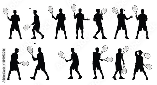 Silhouette tennis player sequence, swinging racket, hitting ball, dynamic sports motion illustration, athletic technique, black and white design for training