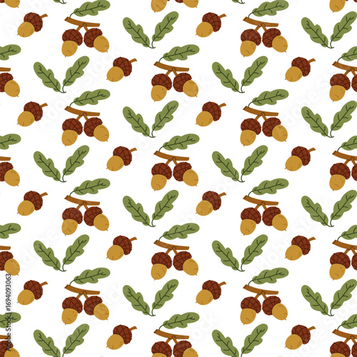 Pattern of a branch with acorns. Flat colored seamless texture. Forest texture. Branch with acorns and leaf. Natural forest motifs. Design for packaging in the theme of picnic, hike, or walk in forest