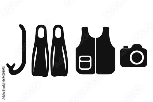 Diving equipment icon set. Snorkel, fins, vest, and camera silhouettes. Vector illustration for scuba diving, snorkeling, sea travel, and underwater hobbies. Water sport gear.