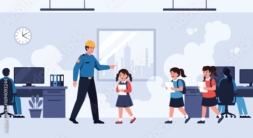 School security officer guiding young students through office building towards safety