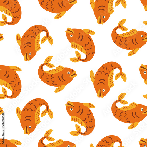 Goldfish pattern. Flat color seamless texture. Fish theme. Fishing, fish swimming on white. Design for picnic, camping, hunting, and fishing packaging
