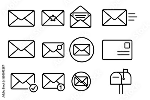 Mail envelope thin line icon set. Post, email message pictogram collection. Outline web communication sign. Vector linear notification, inbox, sent, letter, mailbox symbol.