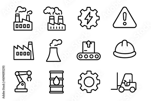 Factory industry line icon set. Manufacturing, production, and engineering signs. Outline symbols collection for power, automation, construction, logistics, and heavy industry.