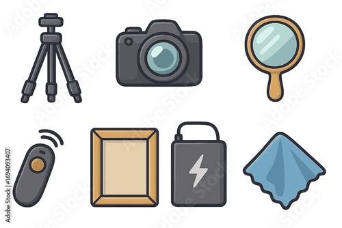 Photography kit icons. Vlogger essential gadget set. Cartoon vector illustration. Camera, tripod, remote shutter, power bank, cleaning cloth, mirror, picture frame icons.