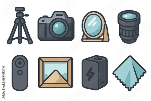Photography equipment icon set. Essential gadgets for photographer or vlogger. Content creator kit with camera, tripod, lens, remote, power bank. Vector flat illustration.