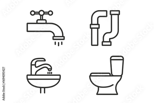Plumbing service line icon set. Faucet, pipes, sink, and toilet vector icons. Sanitary ware collection. Minimal outline pictogram for bathroom, restroom, water, web, and UI design.