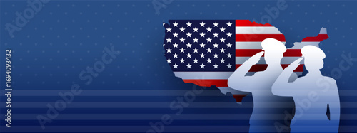 US Armed Forces military blue background - saluting officers silhouette and USA flag